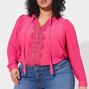 Torrid Pink Chiffon Clip Dot Ruffle Neck Tie Front Top 3X NWT 40286187 Barbie